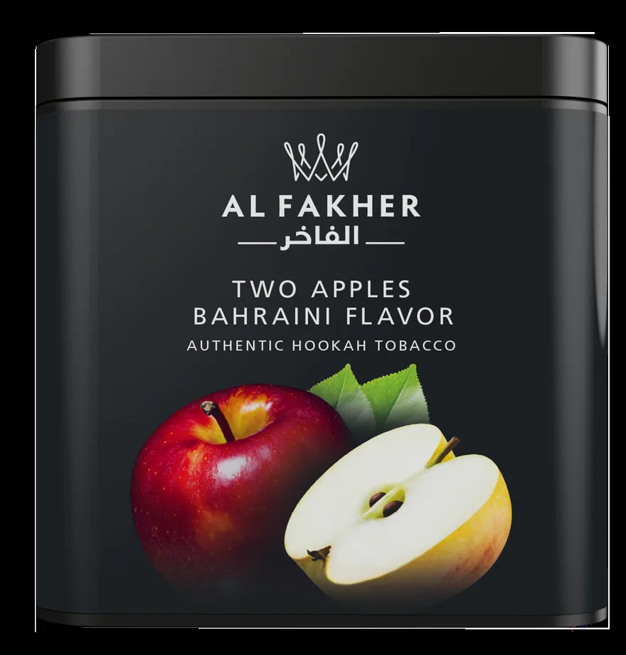 Al Fakher の 1000g の缶。TWO APPLES BAHRAINI FLAVOR と書かれている(Al Fakher 公式)