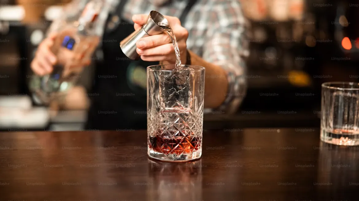 メジャーカップでお酒を注ぐバーテンダーの手元