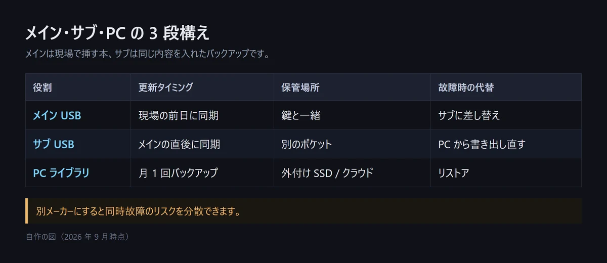 図解: メイン USB・サブ USB・PC ライブラリの 3 段構え。メインは現場の前日に同期して鍵と一緒に保管、サブはメインの直後に同期して別のポケット、PC ライブラリは月 1 回バックアップして外付け SSD やクラウドに保管（自作の図、2026年9月時点）