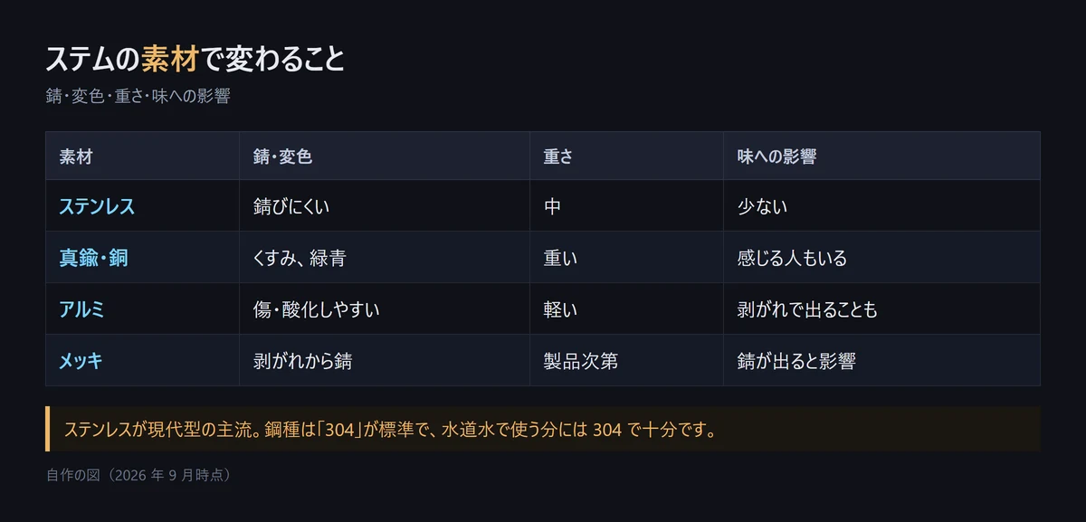 ステムの素材ごとの錆・変色、重さ、味への影響を比べた表。ステンレス、真鍮・銅、アルミ、メッキ