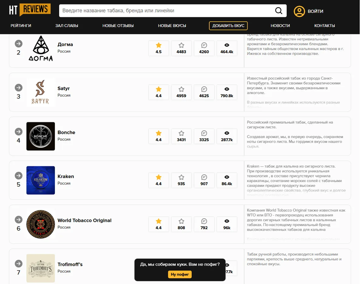 レビューサイト HTReviews のブランド一覧画面。ロシアのブランドが並ぶ(引用元: https://htreviews.org/tobaccos/brands、2026年9月18日)